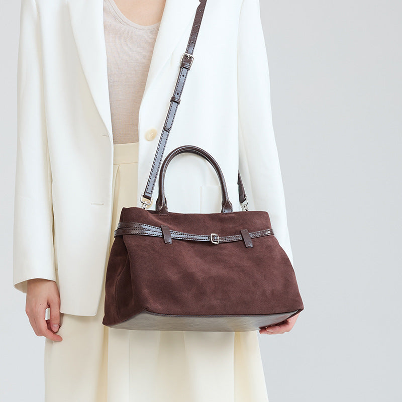 Suede Cowhide Tote Bag for Women Vintage Commuter Shoulder Handbag, Premium Textured Purse with Timeless Elegance