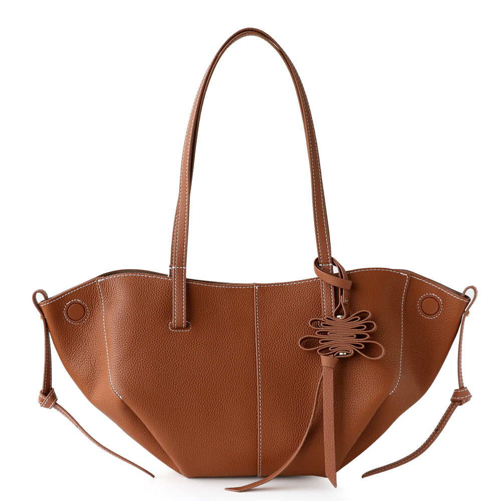 Top Layer Cowhide Pleated Wing Tote Bag for Women Commuter Shoulder Handbag, Premium Genuine Leather Purse with Elegant Draped Design