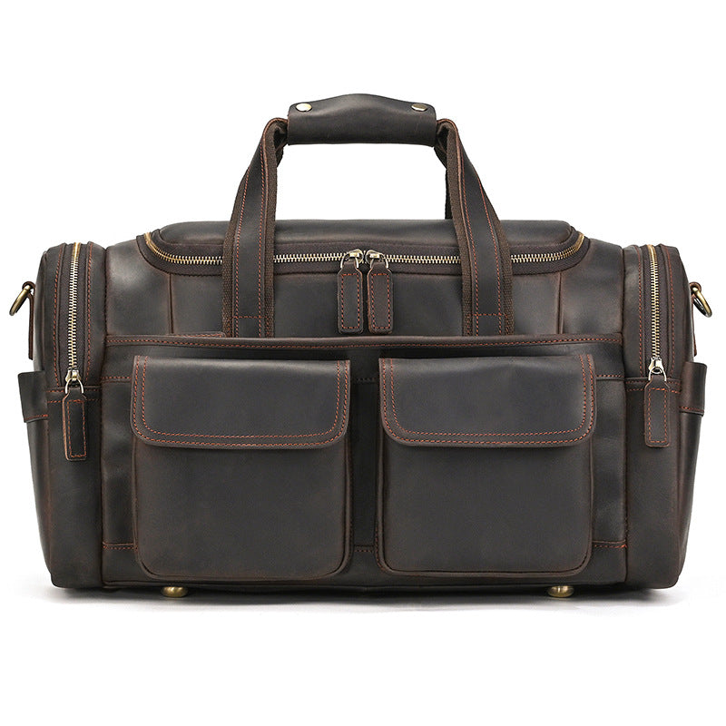 Large Capacity Crazy Horse Leather Travel Duffle, Top Handle Crossbody Business Bag, Premium Cowhide Luggage for Men