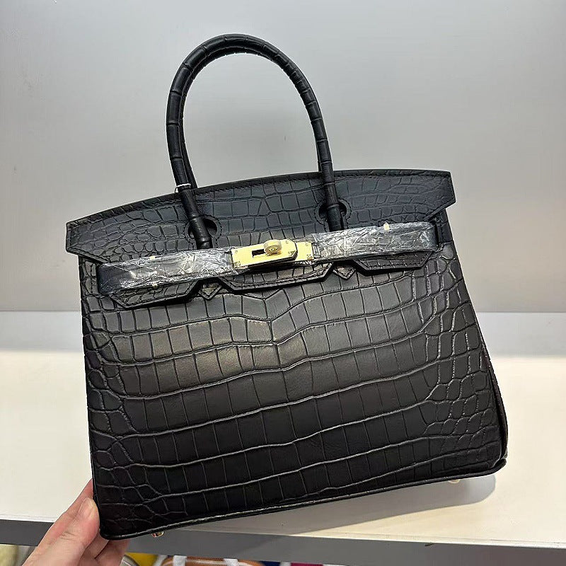 Genuine Top Layer Cowhide Matte Crocodile-Embossed Birkin-Style Bag for Women, Premium Top Handle Shoulder Crossbody Purse, Luxury Handbag for Ladies