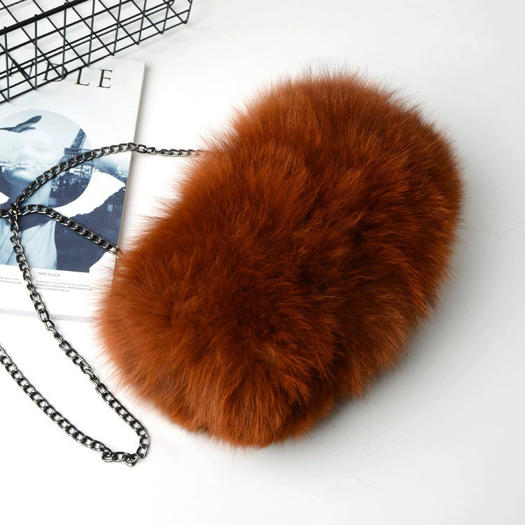 Women's New Fox Fur Chain Bag, Solid Color Shoulder Crossbody Purse with Chain Strap, Trendy Faux Fur Handbag with Fluffy Texture