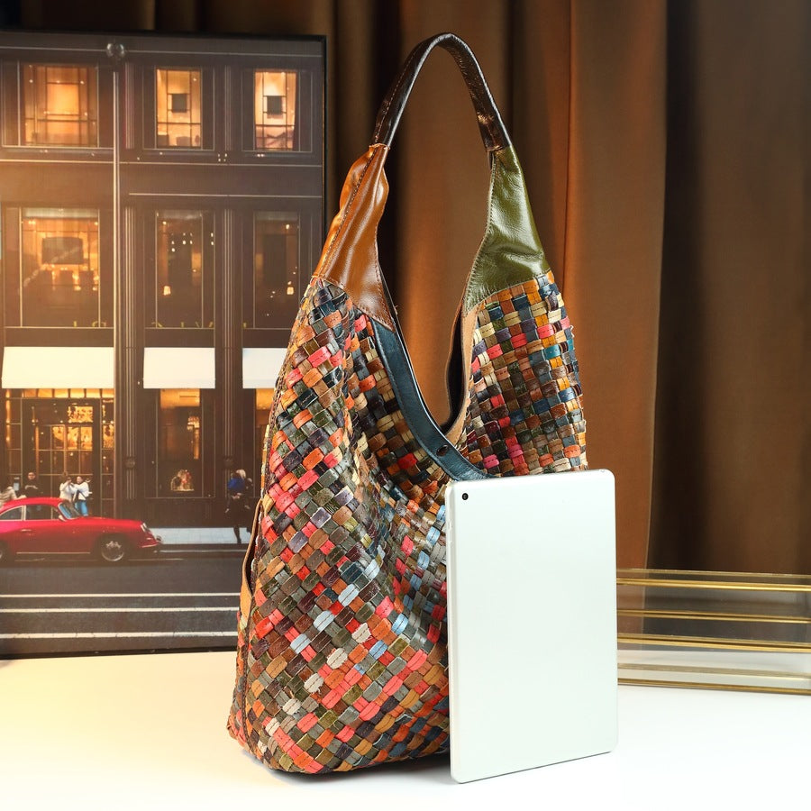British Vintage Tote Bag for Women Genuine Top Layer Cowhide Leather Handbag with Wide Shoulder Strap