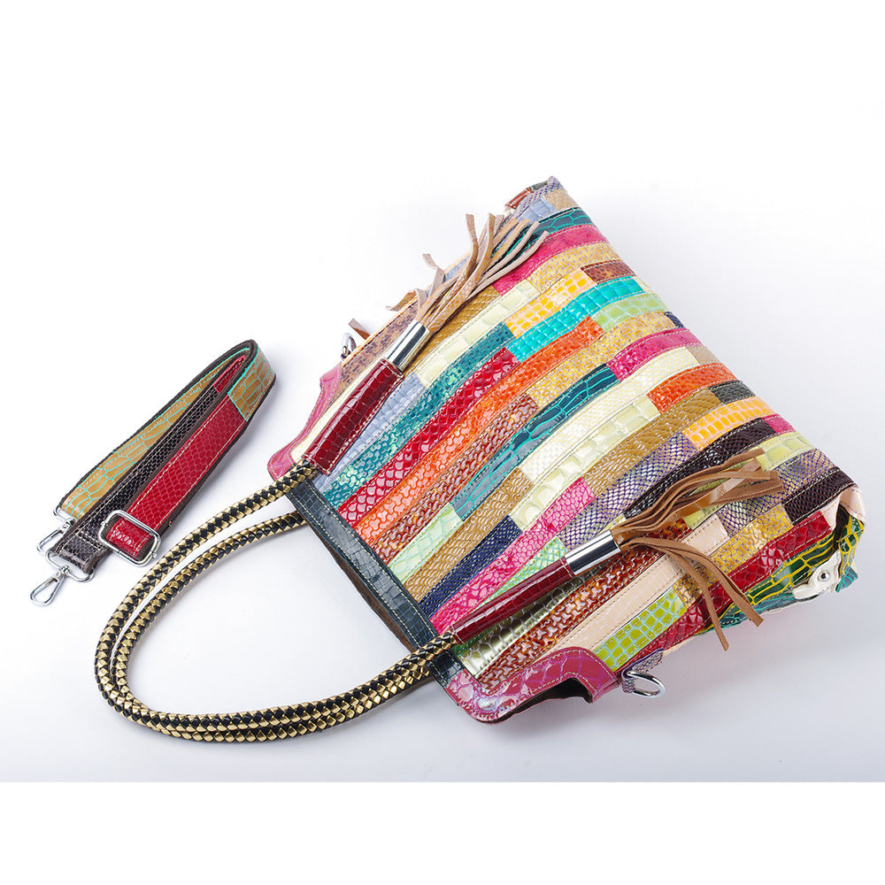Snakeskin Patent Stripe Color Block Tote Bag with Tassel, Genuine Leather Shoulder Crossbody Purse, Fashionable Handbag for Women