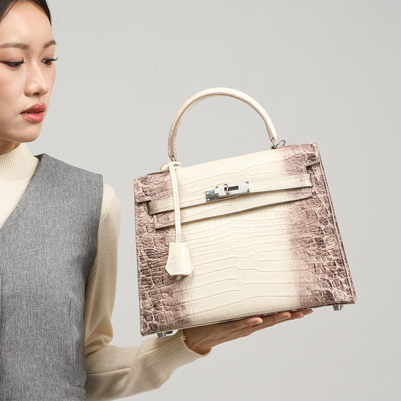 New Arrival Kelly-Inspired Croc-Effect Genuine Leather Bag for Women, A Premium Top-Layer Cowhide Crossbody Shoulder Top-Handle Handbag, Perfect Gift Choice