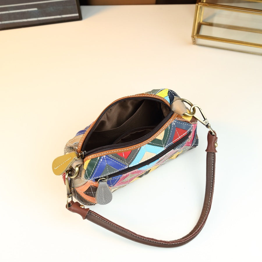 Pebble Grain Leather Colorful Checkered Pillow Bag for Women Ethnic Shoulder Crossbody Handbag, Random Color-Block Purse with Unique Design