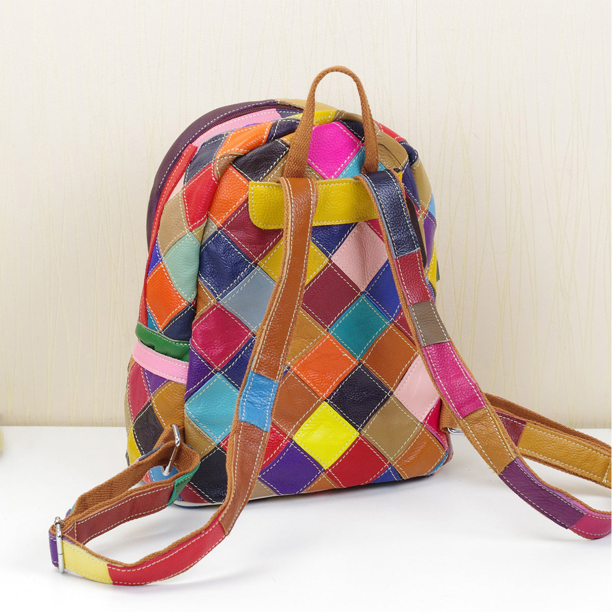 Genuine Top Layer Cowhide Colorful Color Block Backpack for Women, New Arrival Handmade Casual Travel Daypack, Designer Leather Bag for Ladies