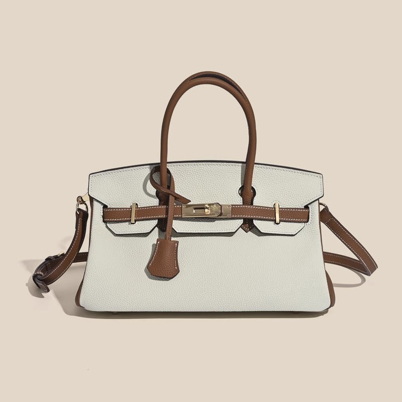 Chic Color-Blocked Birkin-Inspired Tote Bag for Women, Premium Top-Layer Cowhide Leather with Horizontal Design, Versatile Top-Handle Shoulder Crossbody Handbag for Commute & Everyday Style