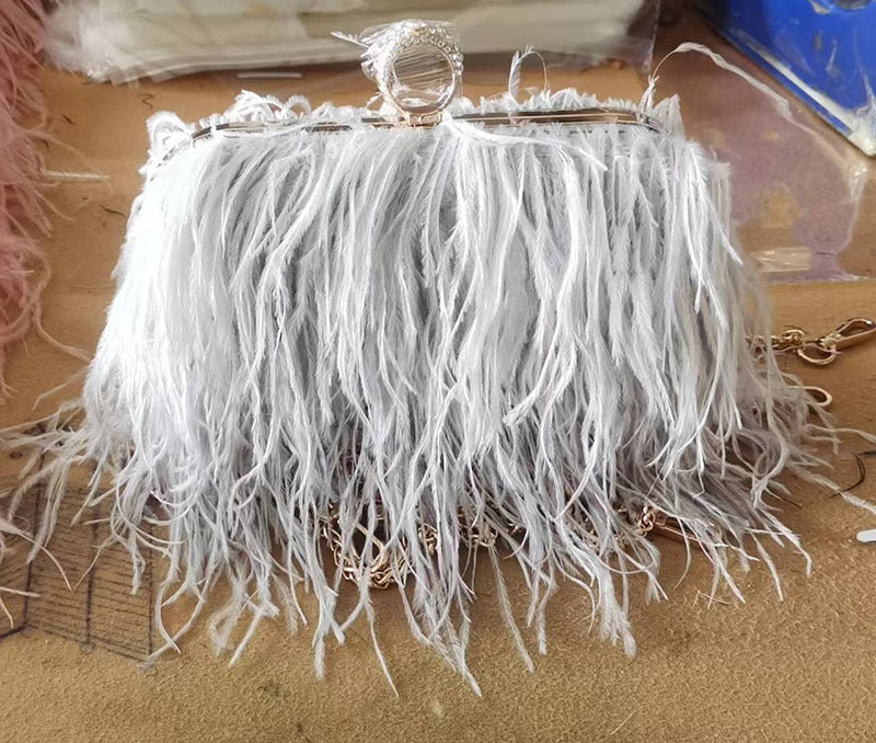 Genuine Ostrich Feather Handbag for Women, Trendy Chain Shoulder Top Handle Evening Purse, Fashionable Clutch Bag for Ladies