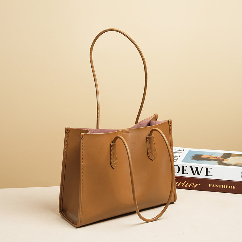New Korean Style Genuine Leather Large Tote Bag, Premium Commute Shoulder Handbag, Spacious Everyday Purse for Women