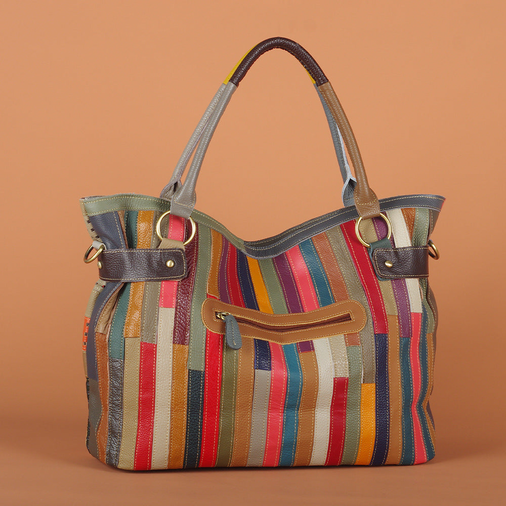 Colorful Stripe Geometric Bag in Genuine Cowhide, Random Color Block Large Capacity Shoulder Crossbody Tote, Stylish Handbag for Women
