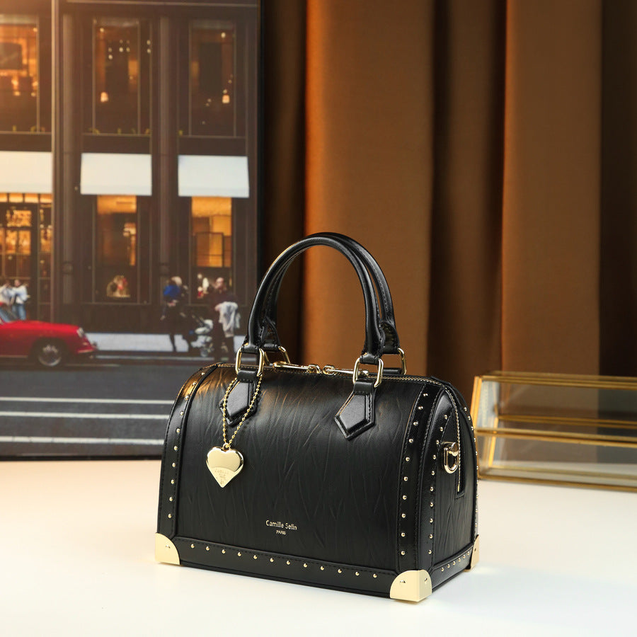 Stud Embellished Boston Bag for Women Vintage Modern Shoulder Crossbody Purse, Versatile Top Handle Handbag with Statement Hardware Accents