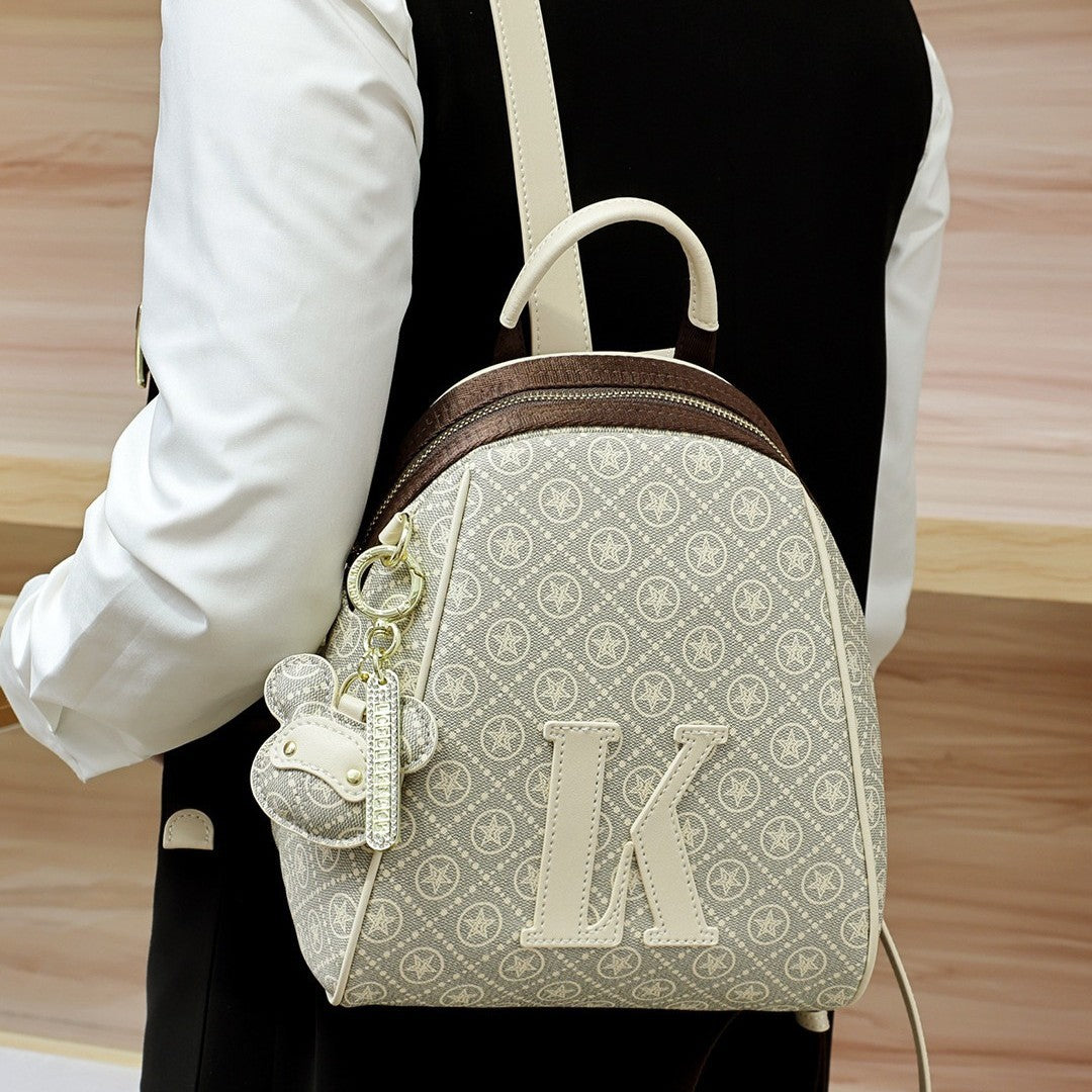 Genuine Leather Light Luxury Printed Backpack for Women, New Minimalist Large Capacity Casual Travel Daypack, Trendy School Bag for Ladies