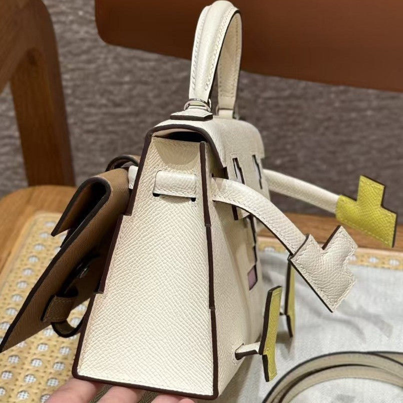 Mini Robot Doll Cross-Body Bag for Women, Hermès-Inspired Mosaic Pattern Bag with Vintage Lock, Epsom Leather Kelly-Style Shoulder Purse, Cute Novelty Handbag for Daily Wear