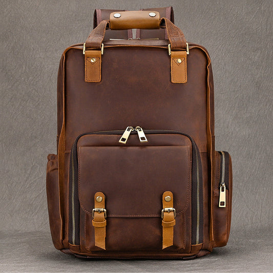 Vintage Crazy Horse Leather DSLR Camera Backpack, Large Capacity Outdoor Travel Daypack, Genuine Leather Photography Bag for Men