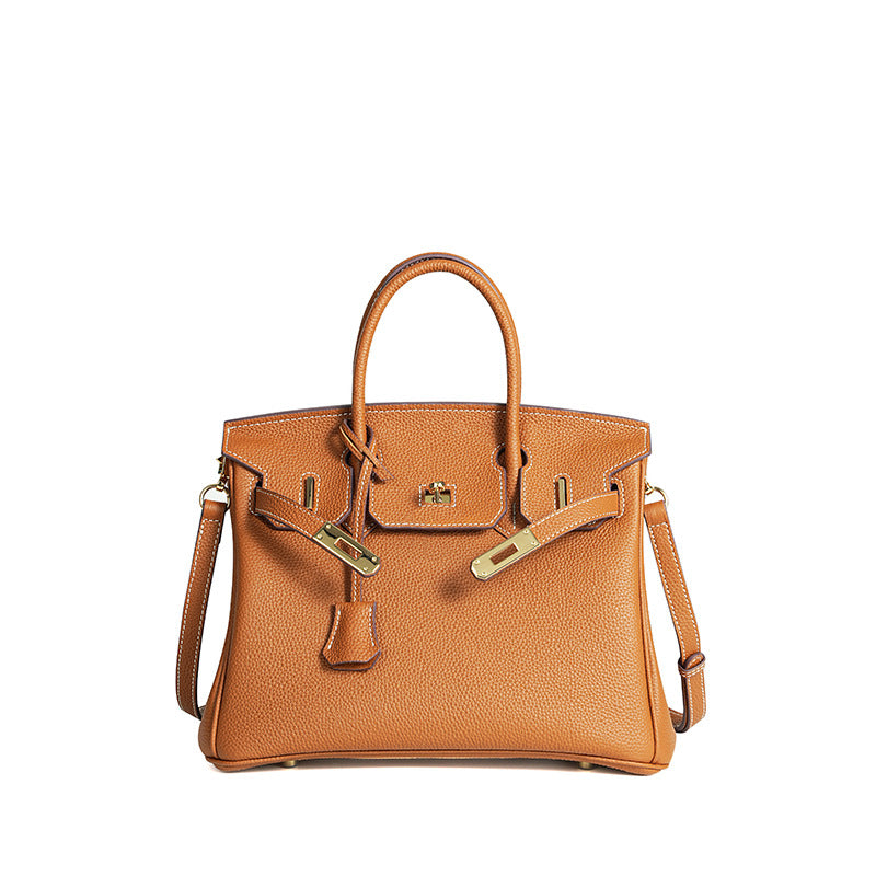 Handcrafted Waxed Thread Birkin-Inspired Tote Bag for Women, Top-Layer Pebbled Cowhide Leather with Elegant Turn-Lock Closure, Premium Everyday Handbag