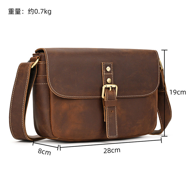 Crazy Horse Leather Flap Crossbody Shoulder Bag, Top Layer Cowhide Outdoor Casual Pouch for Men
