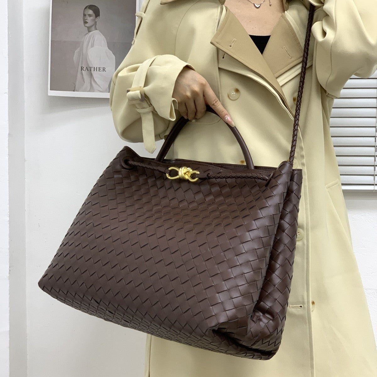 Large capacity 45CM leather woven figure-of-eight rope buckle portable underarm bag  fashion shoulder messenger bag bag women