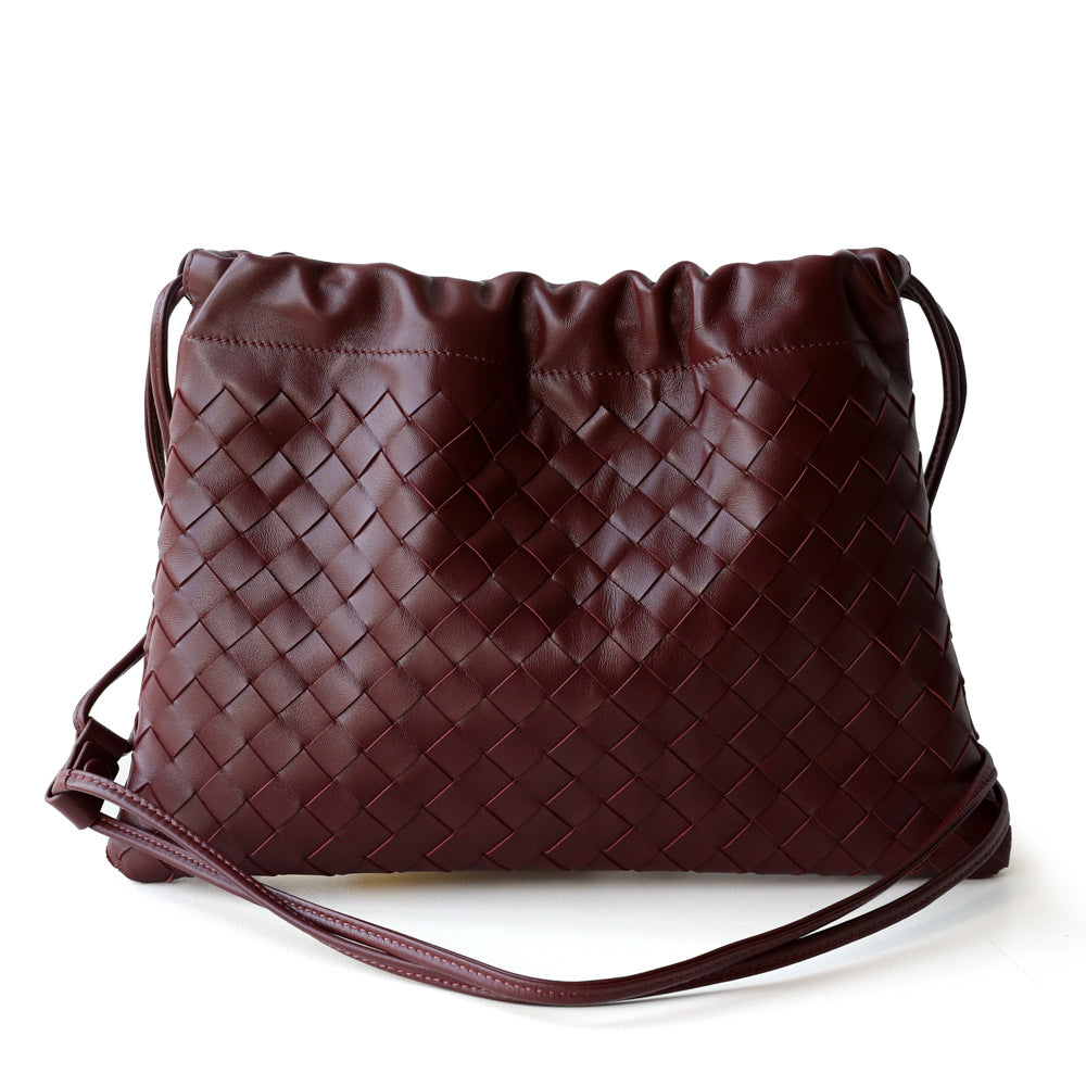 Sheepskin Woven Dumpling Drawstring Bag for Women Genuine Leather Underarm Shoulder Crossbody Handbag, Versatile Purse with Soft Textured Design