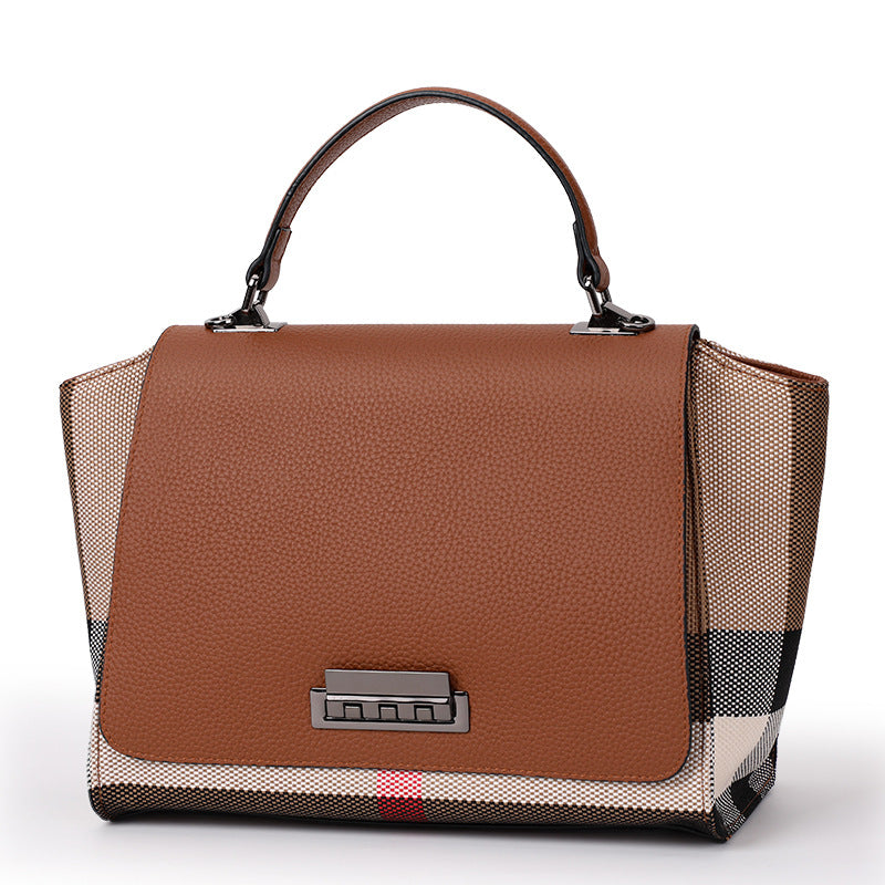 New Plaid Cowhide Large Capacity Tote Bag, Fashionable Trendy Shoulder Handbag, Premium Leather Bag for Women