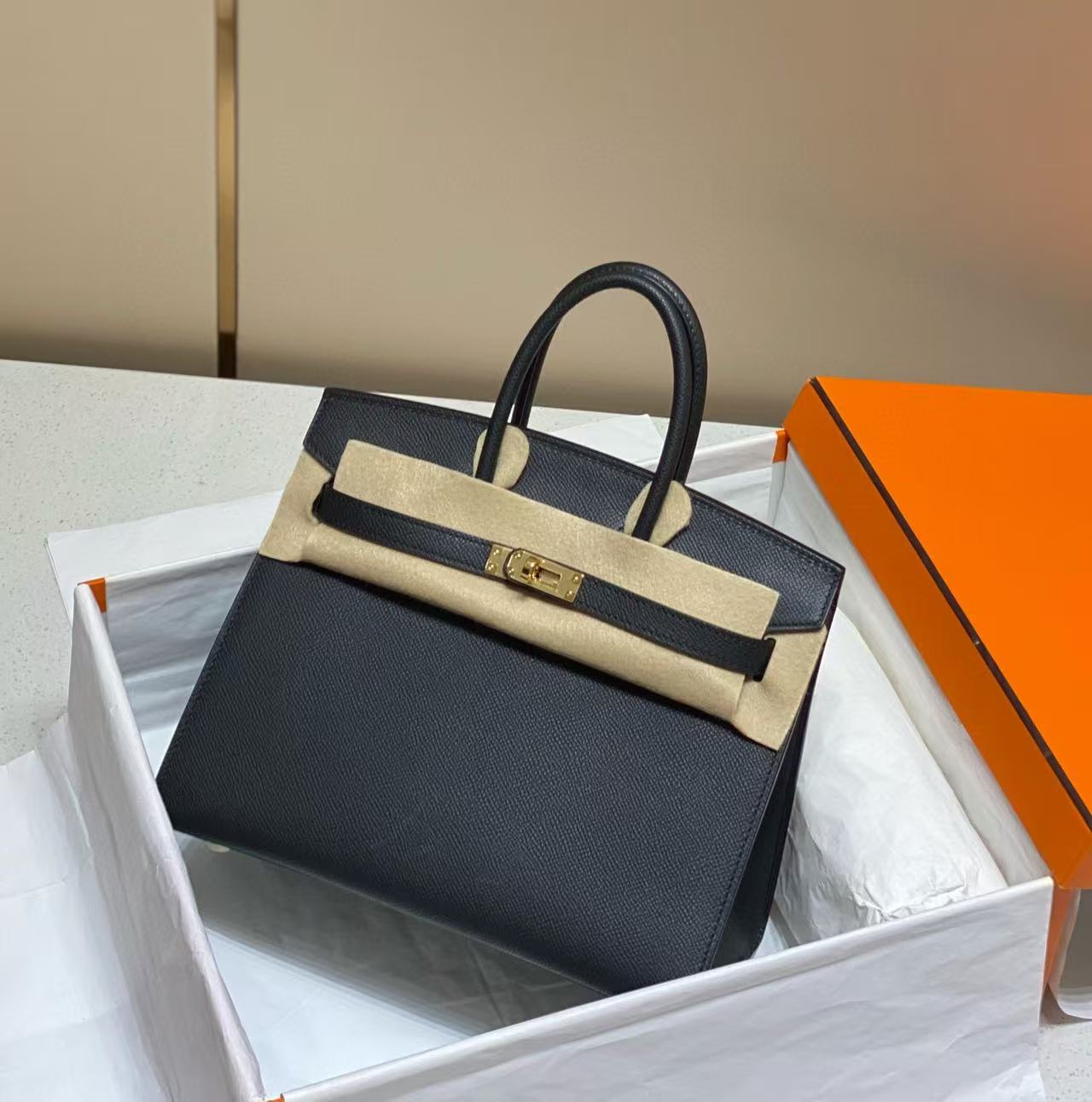 Top Layer Cowhide Birkin-Style Bag with External Stitching BK25/30, Large Capacity Versatile Top Handle Handbag, Premium Leather Purse for Ladies