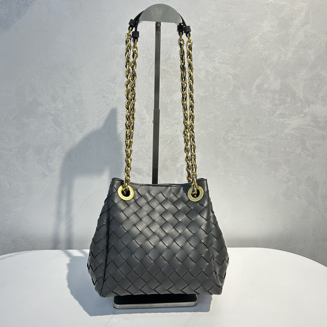 Genuine Leather Metal Chain Woven Parachute Bag for Women, Large Capacity Vintage Underarm Shoulder Crossbody Purse, Premium Handbag for Ladies