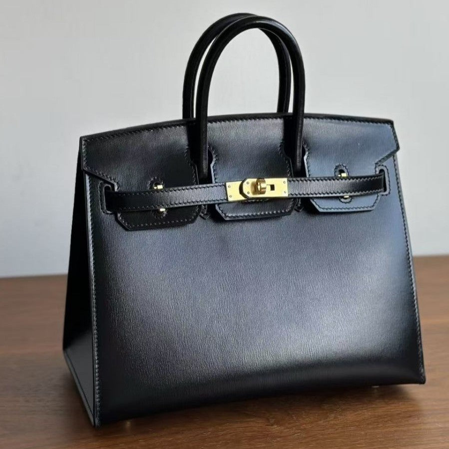 Genuine Top Layer Cowhide Box Leather Birkin-Kelly Style Bag for Women, New Large Capacity Top Handle Shoulder Purse, Premium Handbag for Ladies
