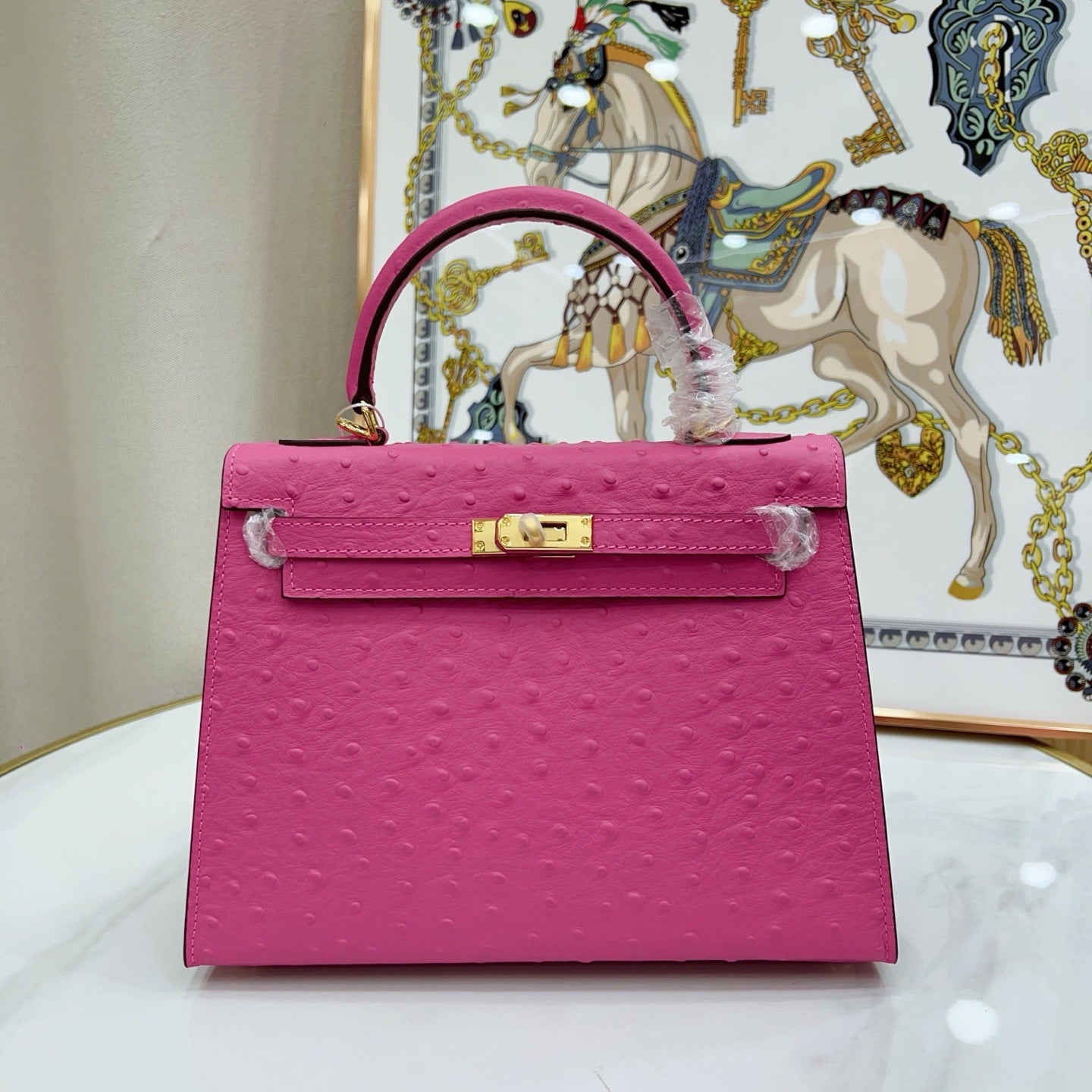 Genuine Top Layer Cowhide Ostrich-Embossed Kelly-Style 25 Bag for Women, Small Square Crossbody Top Handle Purse, Large Capacity Handbag for Ladies