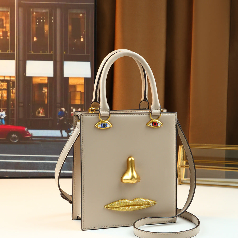Artistic Face Sculpture Bag for Women 3D Metal Facial Features Top Handle Shoulder Crossbody Purse, Vintage Premium Handbag with Unique Sculptural Design