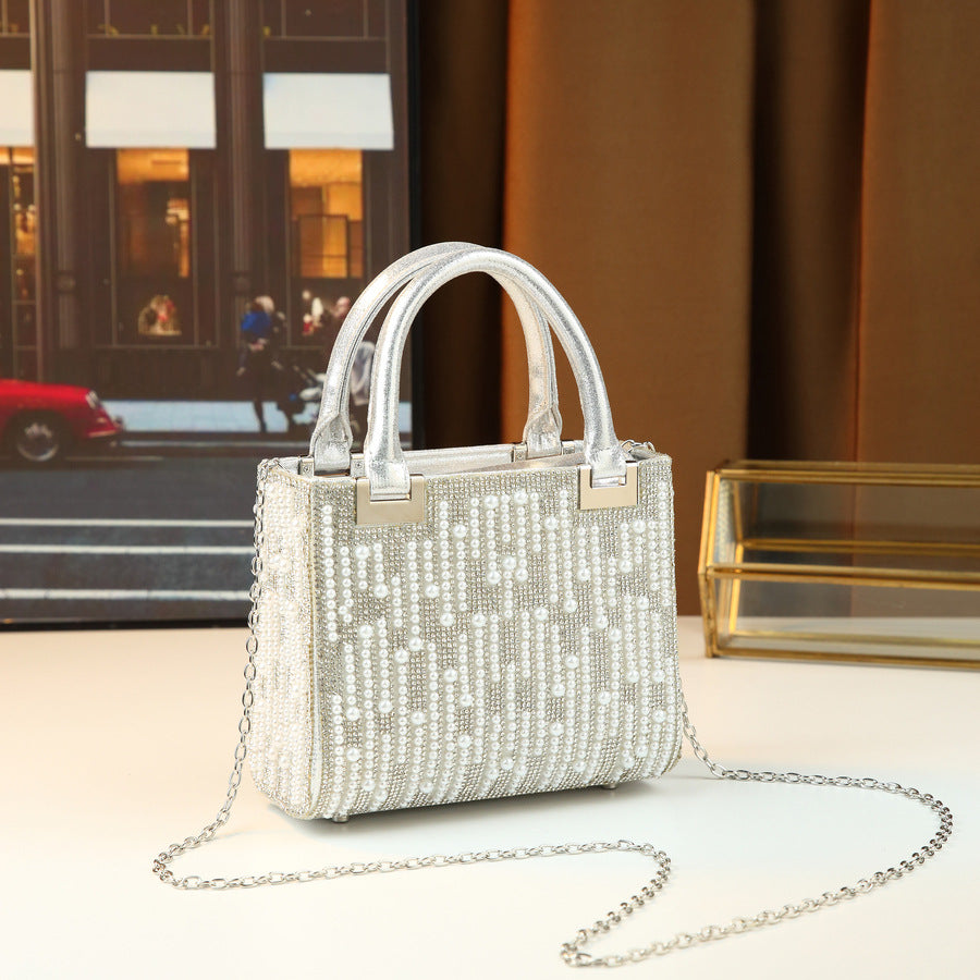 Rhinestone Pearl Embellished Lady Tote Bag for Women Evening Shoulder Crossbody Handbag, Elegant Versatile Purse with Glamorous Design