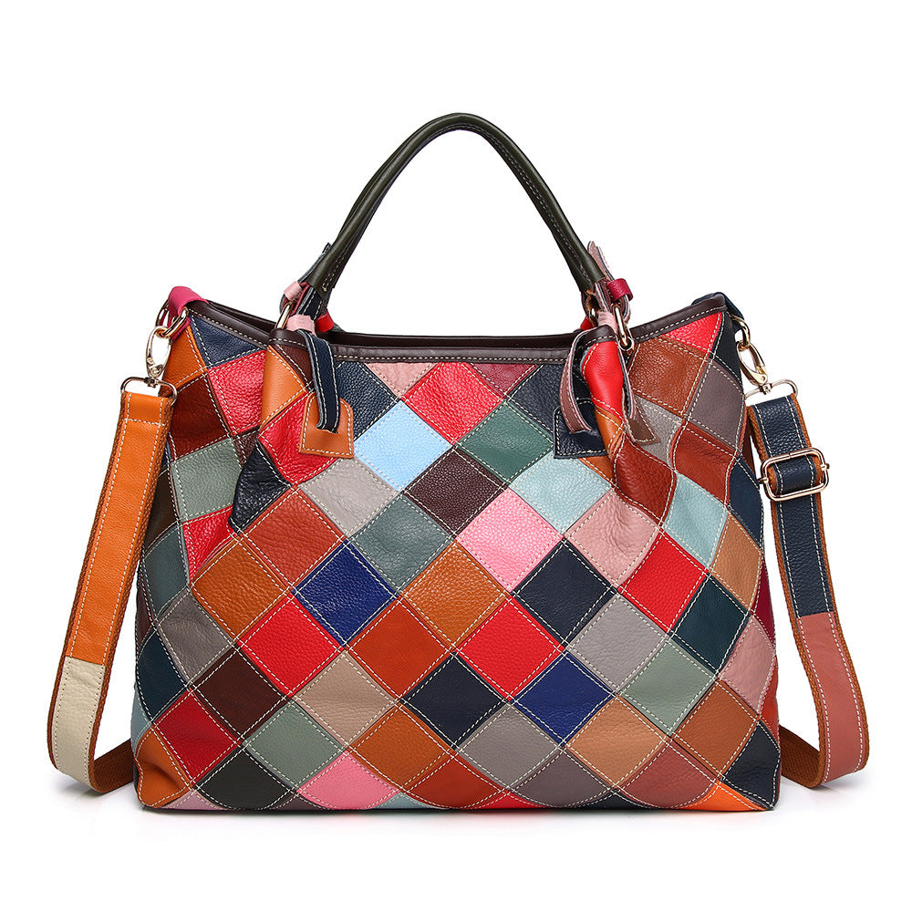 Genuine Top Layer Cowhide Plaid Color Block Patchwork Bag for Women, New Handmade Shoulder Crossbody Top Handle Purse, Trendy Everyday Handbag for Ladies