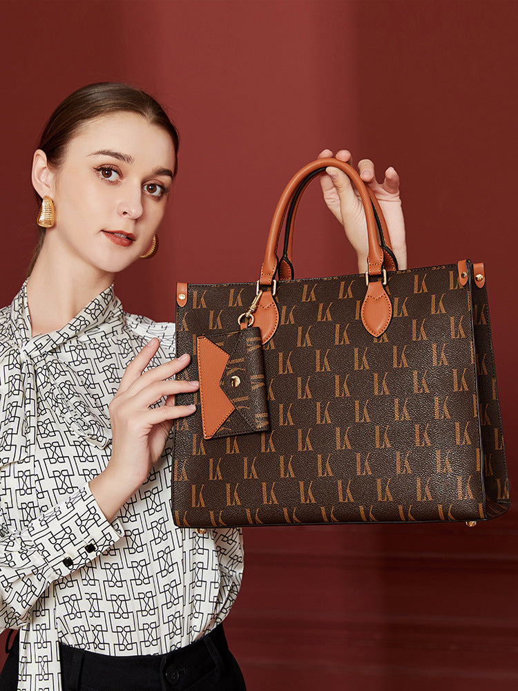 Genuine Leather Vintage Printed Large Capacity Tote Bag for Women, New Trendy Versatile Top Handle Handbag, Stylish Everyday Purse for Ladies