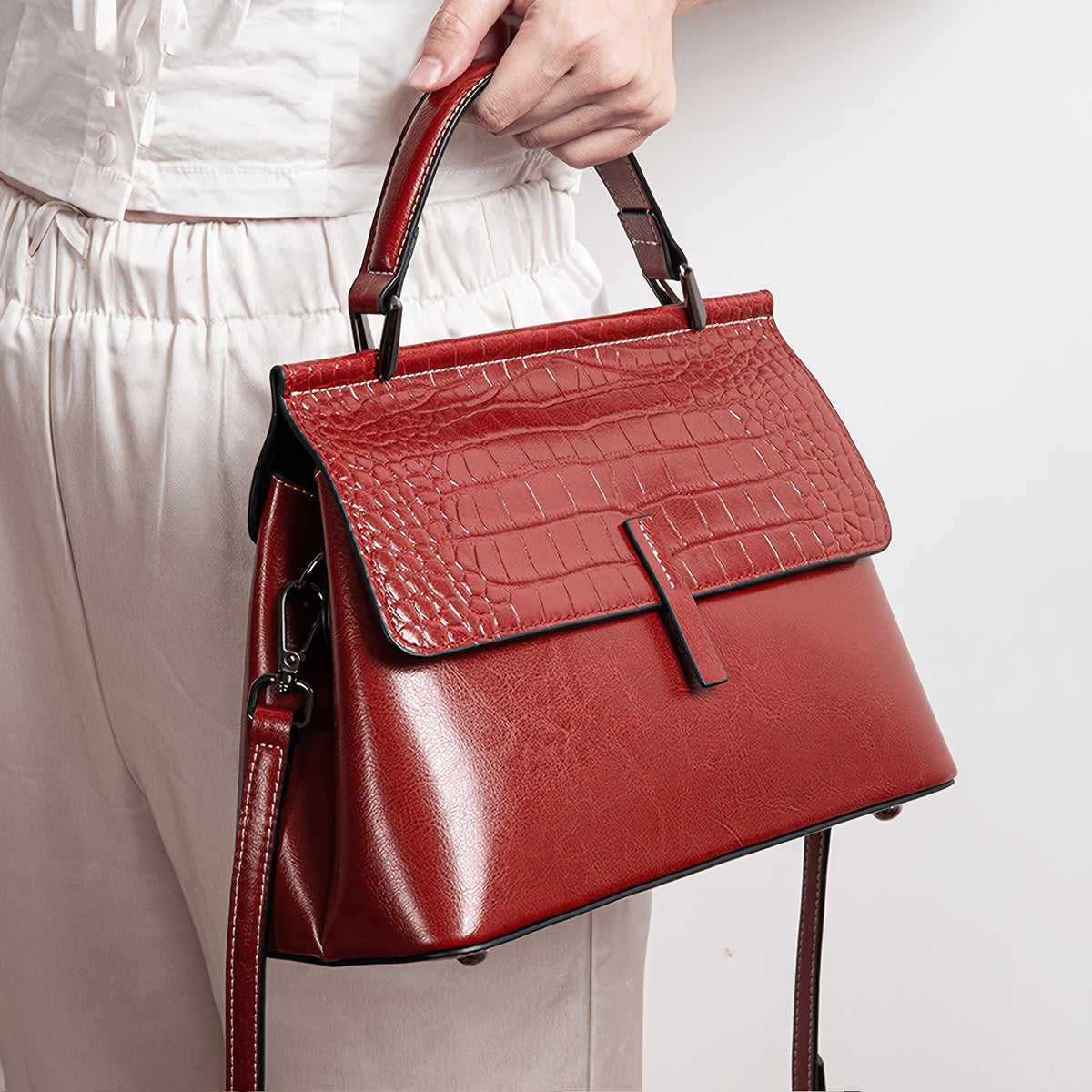 Genuine Waxed Cowhide Crocodile-Embossed Crossbody Bag for Women, New Versatile Shoulder Top Handle Purse, Fashionable Everyday Handbag for Ladies