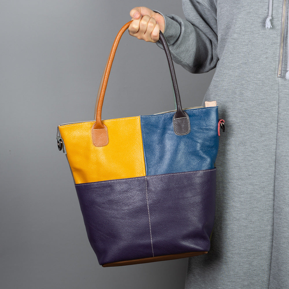 Genuine Cowhide Vintage Color Block Patchwork Tote Bag for Women, New Arrival Top Handle Shoulder Crossbody Handbag, Versatile Casual Purse for Ladies