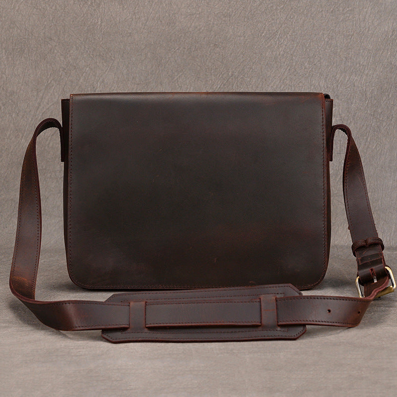 Crazy Horse Leather Flap Commute Briefcase, A4 Storage Crossbody Shoulder Bag, 13-Inch Work Bag for Men