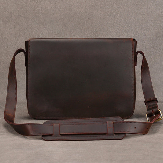 Crazy Horse Leather Flap Commute Briefcase, A4 Storage Crossbody Shoulder Bag, 13-Inch Work Bag for Men