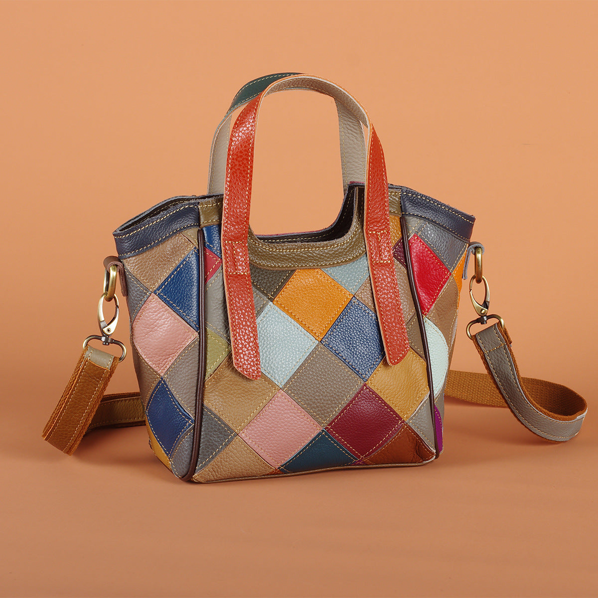 Genuine Leather Vintage Colorful Plaid Patchwork Handbag for Women, Ethnic Casual Shoulder Crossbody Top Handle Purse, Color Block Designer Bag for Ladies