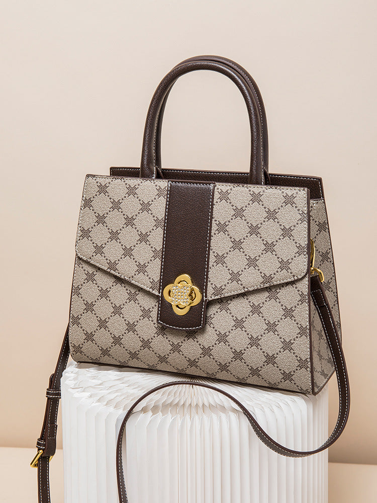 Chic Large Capacity Genuine Leather Tote Bag for Women, Kelly & Birkin-Inspired Turn-Lock Design with Unique Plum Blossom Clasp, Versatile Shoulder Crossbody Top-Handle Handbag
