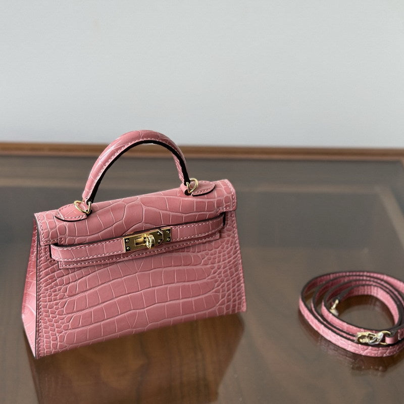 Genuine Leather High-Gloss Crocodile-Embossed Kelly-Style Bag for Women, New 2nd Gen Mini Top Handle Shoulder Purse, Premium Handbag for Ladies