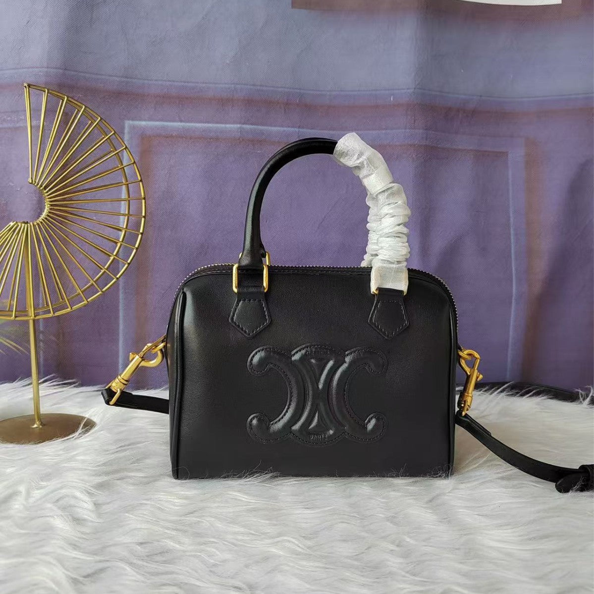 Genuine Leather & Canvas Mini Boston Pillow Bag for Women, Arc de Triomphe Style Shoulder Crossbody Top Handle Purse, Minimalist Small Handbag for Ladies