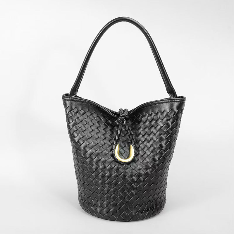 Genuine Cowhide Handwoven Bucket Bag with U-Buckle, New Vintage Shoulder Crossbody Top Handle Purse, Premium Handwoven Handbag for Ladies