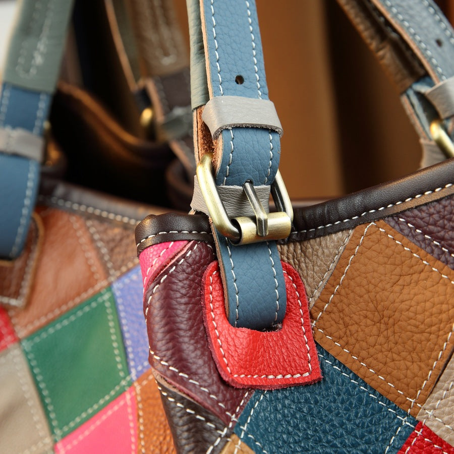 Iridescent Geometric Patchwork Tote Bag for Women Color-Block Genuine Leather Large Capacity Shoulder Crossbody Handbag with Artistic Design