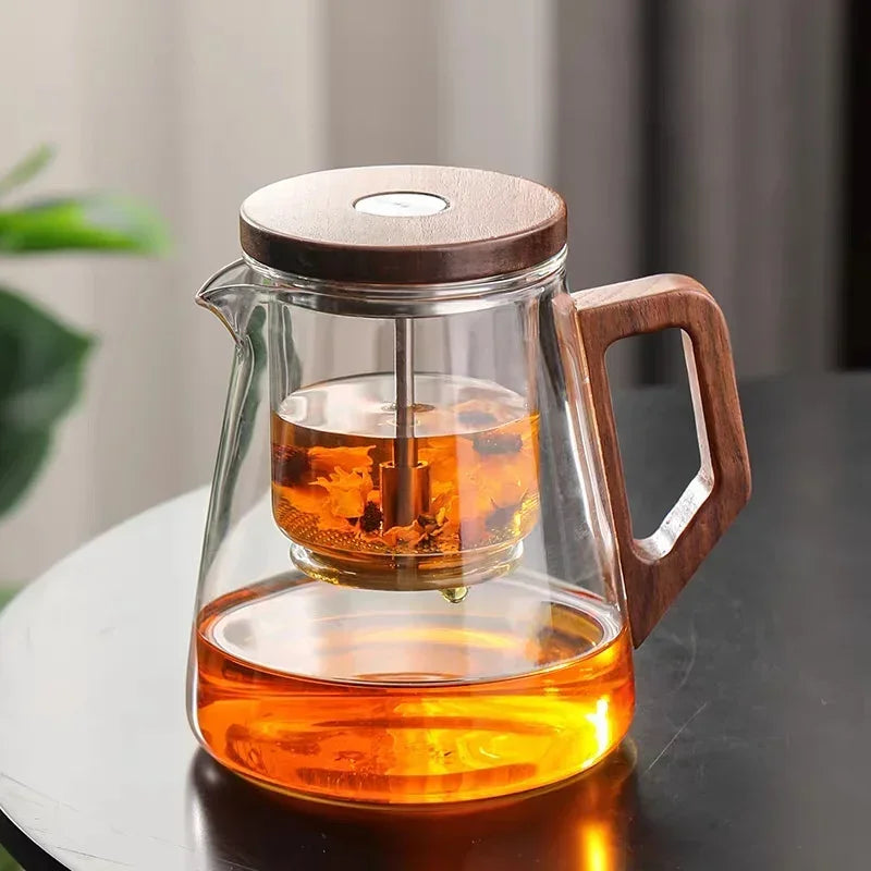 One Click Tea Separation Filtration Glass Teapots With Wood Handle Tea Water Separation Inner Container Tea Pot