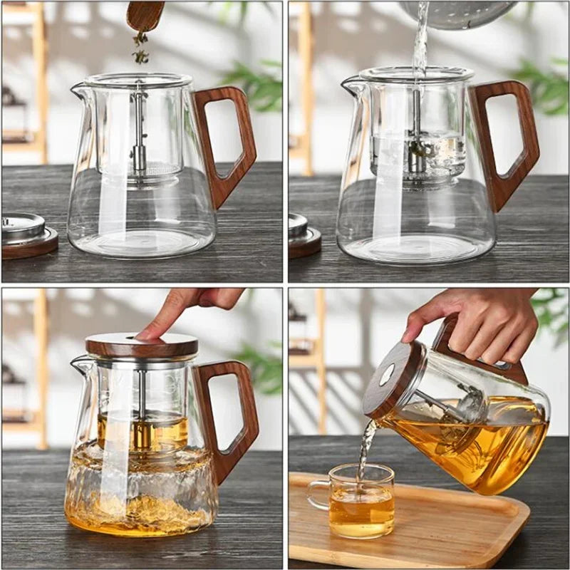 One Click Tea Separation Filtration Glass Teapots With Wood Handle Tea Water Separation Inner Container Tea Pot Kungfu Tea Set