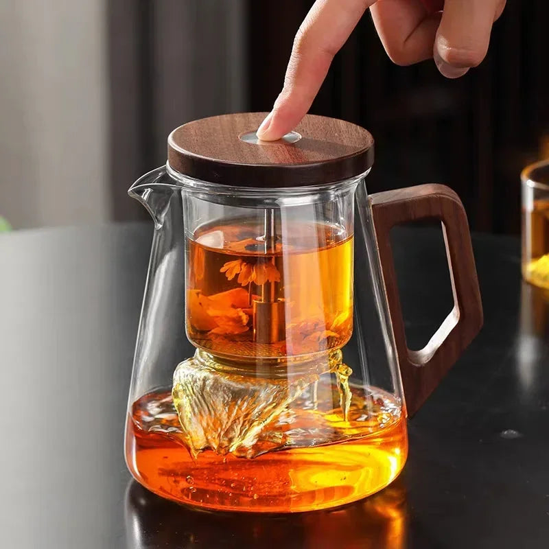 One Click Tea Separation Filtration Glass Teapots With Wood Handle Tea Water Separation Inner Container Tea Pot Kungfu Tea Set