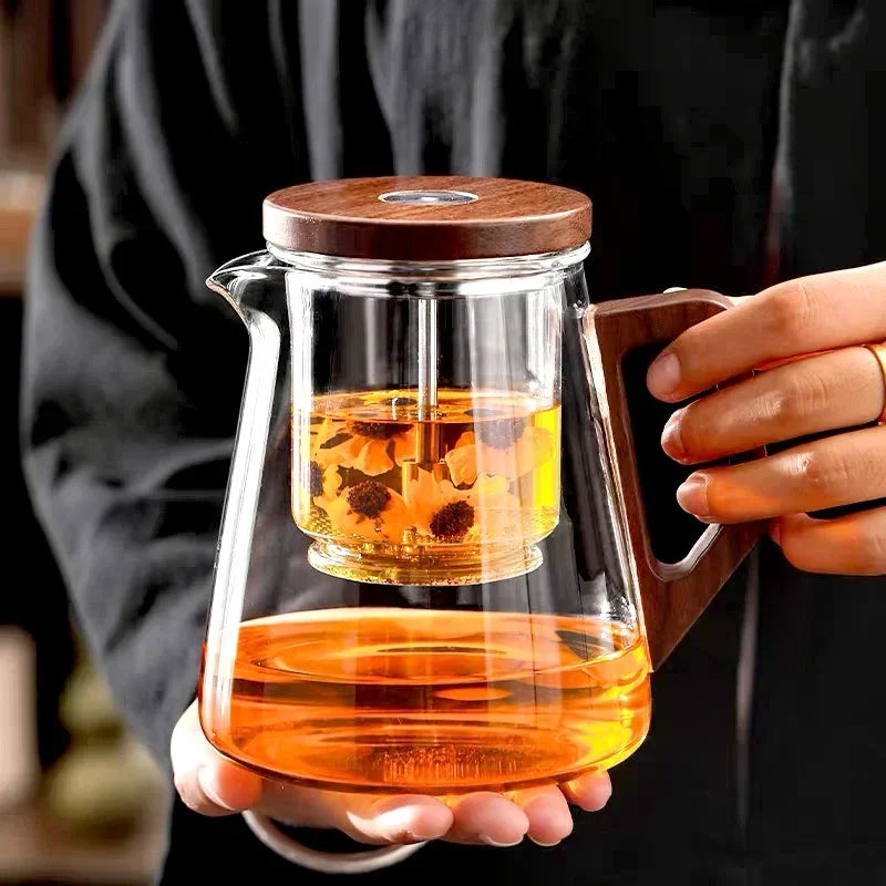 One Click Tea Separation Filtration Glass Teapots With Wood Handle Tea Water Separation Inner Container Tea Pot Kungfu Tea Set