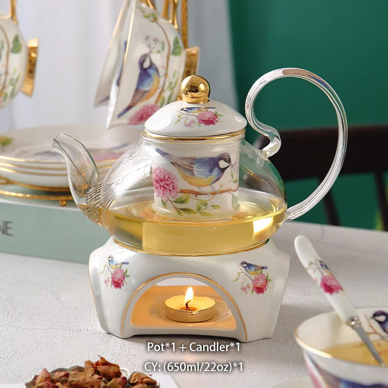 Pastoral Bird Bone China Tea Set Ceramic Tea Cup Pot with Candler Strainer Floral Glass Teapot Set Ceremony Teaware Teacup
