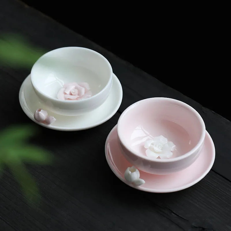 Pink Pinched Flower Tea Cup Master Cup with Coaster Ceramic Teacup Handmade Porcelain Tea Bowl Tea Cup Chinese Kung Fu Tea Set