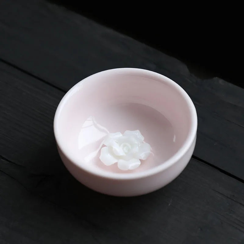 Pink Pinched Flower Tea Cup Master Cup with Coaster Ceramic Teacup Handmade Porcelain Tea Bowl Tea Cup Chinese Kung Fu Tea Set
