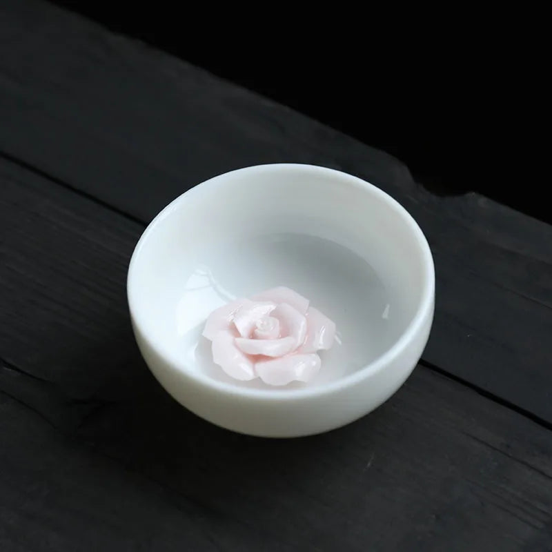 Pink Pinched Flower Tea Cup Master Cup with Coaster Ceramic Teacup Handmade Porcelain Tea Bowl Tea Cup Chinese Kung Fu Tea Set