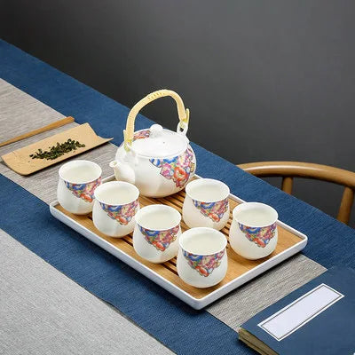 Porcelain 1 Pot 6 Cups Tea Set Chinese Style Ceramic Kung Fu Infuser Teapot Kettle Portable Tea Ceremony Teaware Sets with Tray